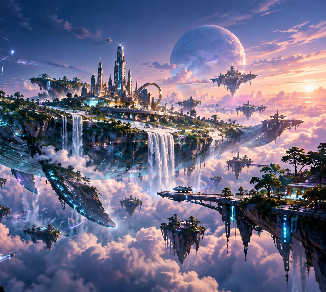 空中漂浮的鲸形环礁与远方未来城邦